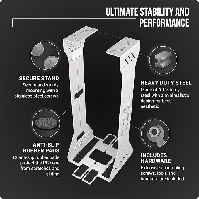 Heavy Duty Under Desk PC Holder – Up to 77 lbs Load Capacity - Adjustable Computer Tower Holder - Under Desk Computer Mount (White)