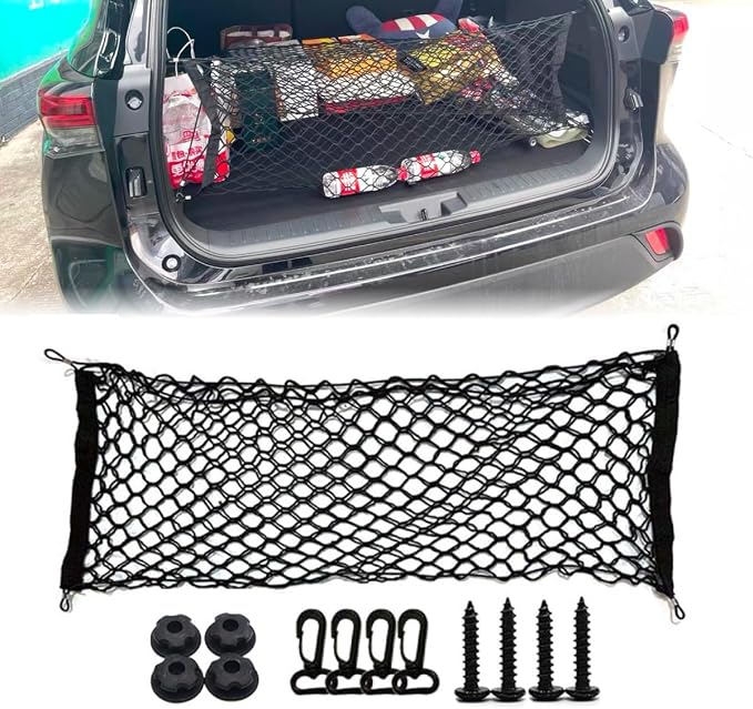Universal Double Layer Cargo Net for SUV,Stretchable Rear Cargo Net,35.4× 15.8 inch Elastic Trunk Storage Net with Hooks,Black Storage Organizer for Car SUV and Trucks