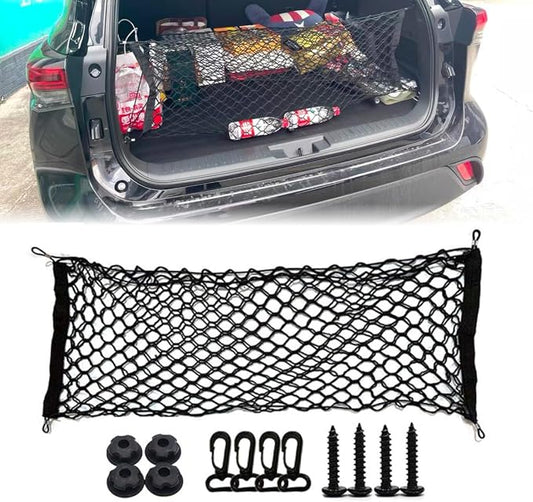 Universal Double Layer Cargo Net for SUV,Stretchable Rear Cargo Net,35.4× 15.8 inch Elastic Trunk Storage Net with Hooks,Black Storage Organizer for Car SUV and Trucks