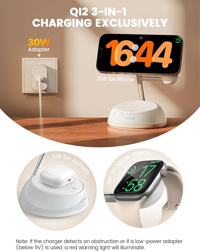 Lamicall 4-in-1 Qi2 Certified Wireless Charging Station for Magsafe, [LED Night Light] 15W Fast Magnetic Charger Stand Gifts, Compatible for iPhone 17 16 15 14 13 Series, Watch, Air pods, 30W Adapter
