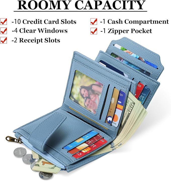 Airkit Small Wallet Women RFID Blocking Soft Leather Bifold Compact Card Holder Wallet for Women with Zipper Coin Pocket 4 ID Window
