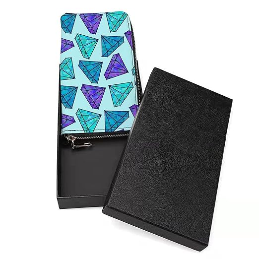 Unisex Zip Around Wallet for Adults Teens Cartoon Diamonds Background Blue Coin Pouch Cash Pocket PU Leather Wallets Card Holder Organizer Designer Purse with Wristlet Strap