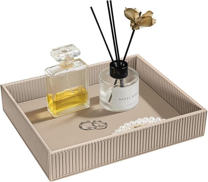 SITHON Valet Tray Desk Organizer, PU Leather Catchall Bedside Vanity Tray Nightstand Caddy Coin Box Key Jewelry Storage Organizer, Graduation Day Father's Gift, Stripe Latte