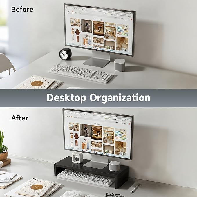 Monitor Stand Riser, Desktop Stand for PC/Laptop/Printer, Wood Monitor Riser with Storage, Computer Stand Keyboard Organizer, Black, 15.7 Inch