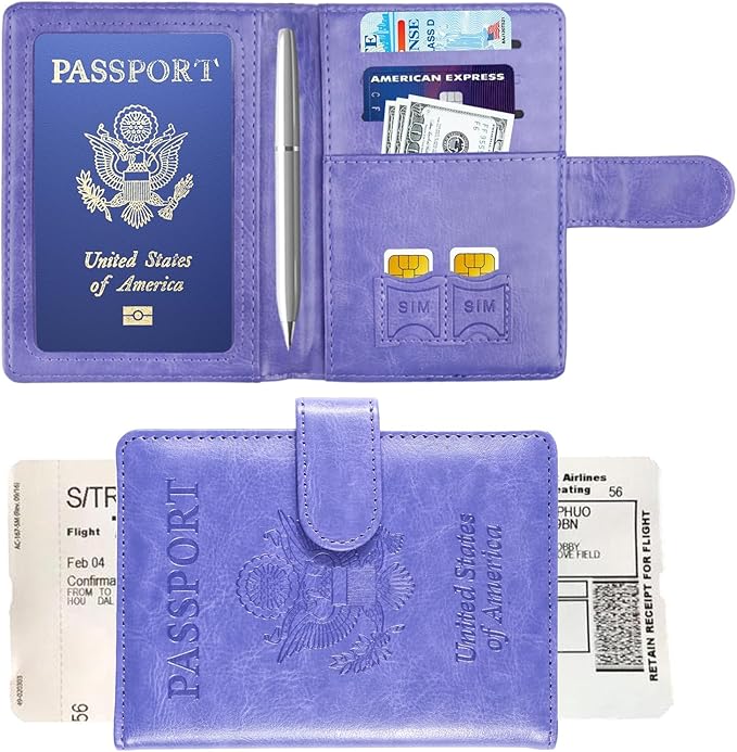 Sizobi Passport Holder for Travel, RFID Passport Cover Wallet for Women Men, Leather Passport Book Card Holder Case for International Travel Must Haves Accessories,Cruise Ship Essentials Gifts, Purple