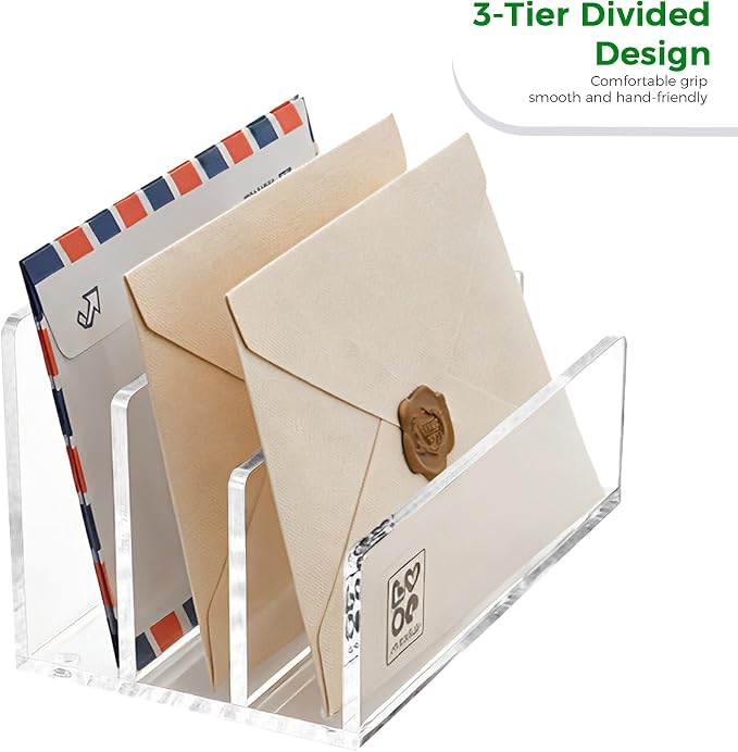 Lovemolly 3-Slot Clear Acrylic Mail Holder – Vertical Letter Sorter & Desk Organizer for Bills, Envelopes & Notebooks, Compact 6.88 x 4.05 x 4.05 in