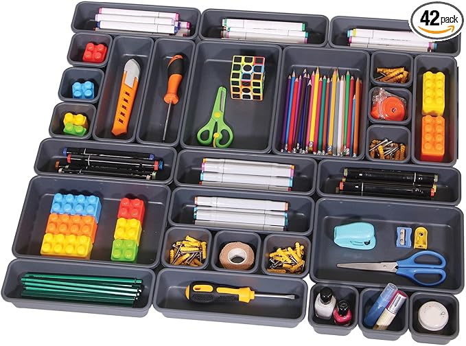 TENABORT 42 Pack Interlocking Desk Drawer Organizer Tray Dividers Plastic Shallow Narrow Drawers Organizers Separators Storage Bins Container for Kitchen Bathroom Makeup Office Vanity Dresser