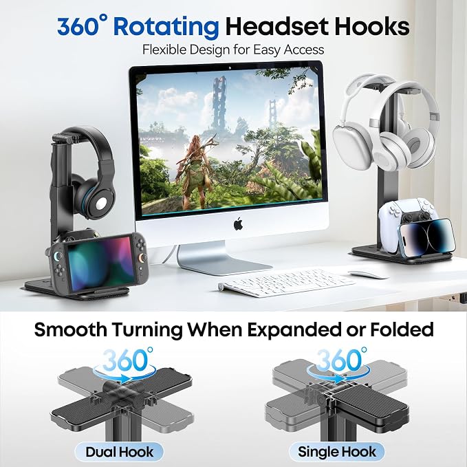 Height Adjustable Dual Headphone Stand, 360° Rotatable Gaming Headset Holder with Controller & Phone Stand, All-in-One Desk Organizer for PS5/Xbox/Switch Controllers/iPad, Desktop Game Accessories