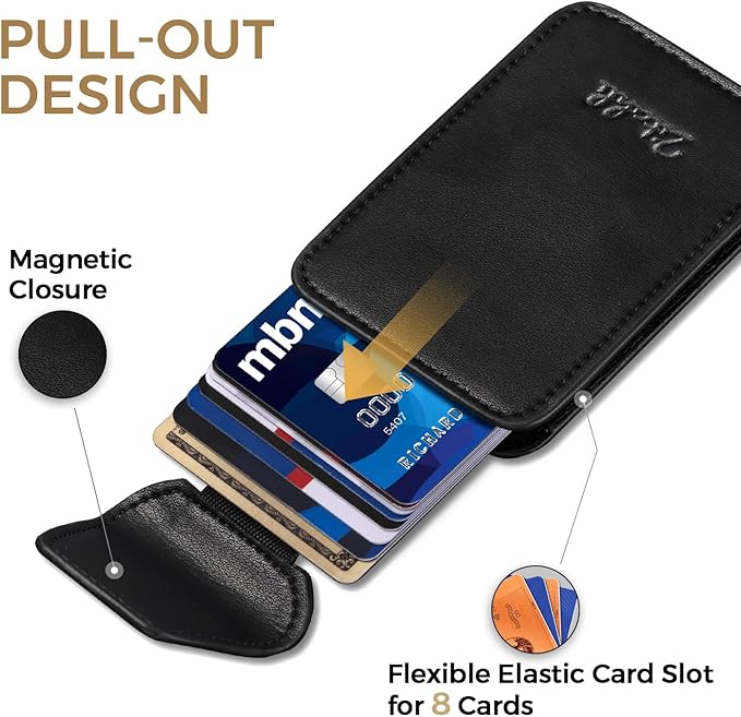 Zitahli Slim Wallet for Men with Pull-Up Tab & Cash Strap - Front Pocket Minimalist Easy Access Card Holder, RFID Blocking, Holds 8 Cards & 10-15 Bills