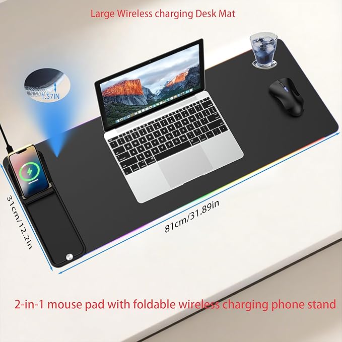 Gifts for Mom Dad &Friends,Wireless Phone Charger with Mouse Pad,RGB Gaming Mouse Pad with Phone Holder, 15W Fast Wireless Charging Desk Mat with Ultra-Smooth Surface for MacBook PC Laptop Computer