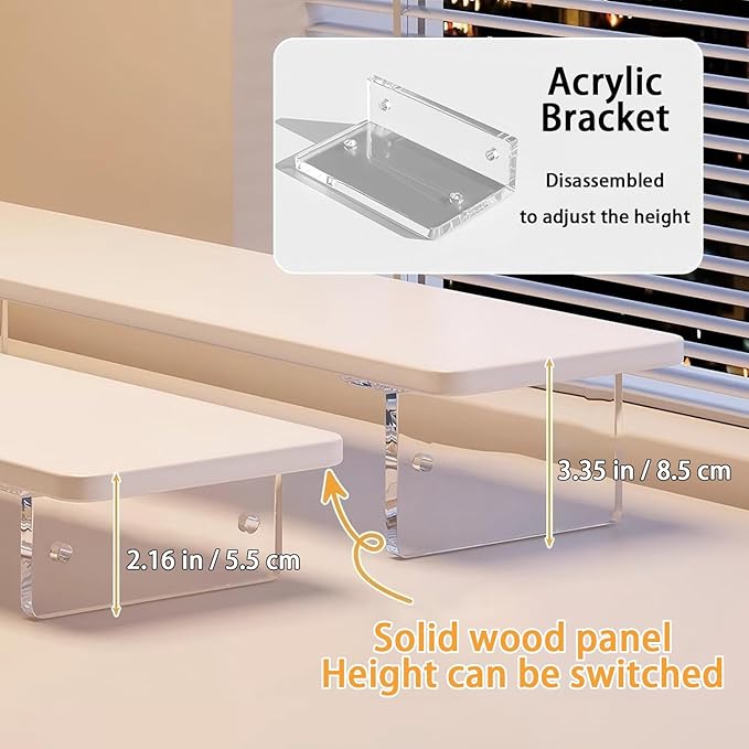 Monitor Stand Riser 2.16/3.34 Inch 2 Height Adjustments Acrylic Stand with Installation Tool, Desk Organizer Accessories Office Desk Storage Rack Screen/PC/Printer/Laptop Riser 7.8 x 15.7 Inch (Brown)