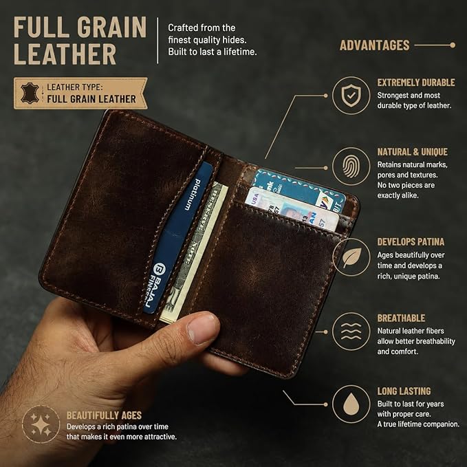 FOXHACKLE Full Grain Leather Credit Card Holder for Men and Women, Slim Bifold RFID Blocking Wallet, Thin Front Pocket Minimalist Wallet, Small Card Case.
