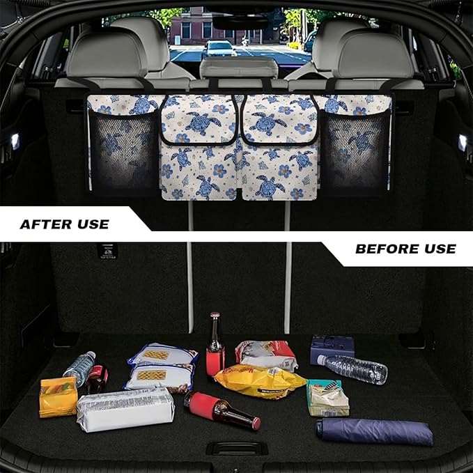 Turtle Car Backseat Organizer Florals Collapsible Cars Storage Bag with 4 Pockets Foldable Vehicle Interior Cargo Organizer Accessories Universal Fit for Cars SUV Sedans
