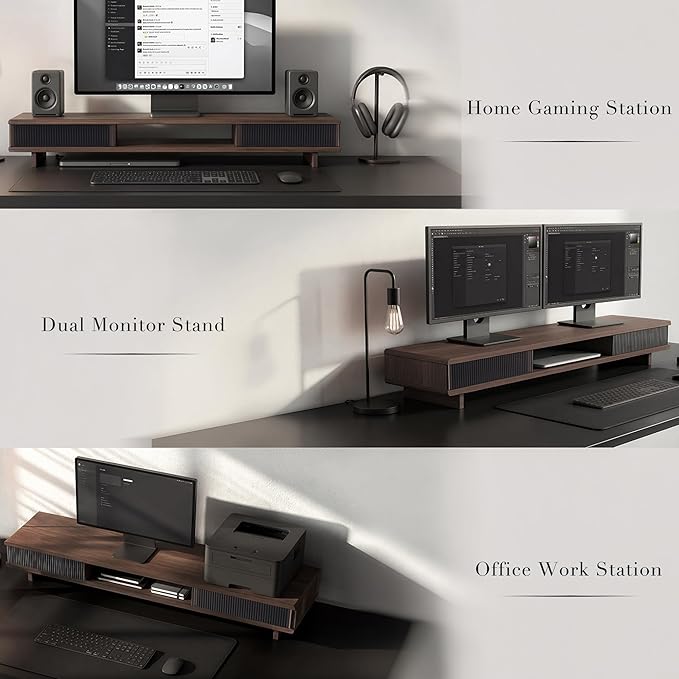 Dual Monitor Riser with Sliding Doors & Storage - 42.5" Extra Wide Dual Monitor Stand for Desk Organizer,Desk Shelf for Office & Gaming - Acrylic Wave Design,110 lbs Capacity,Walnut