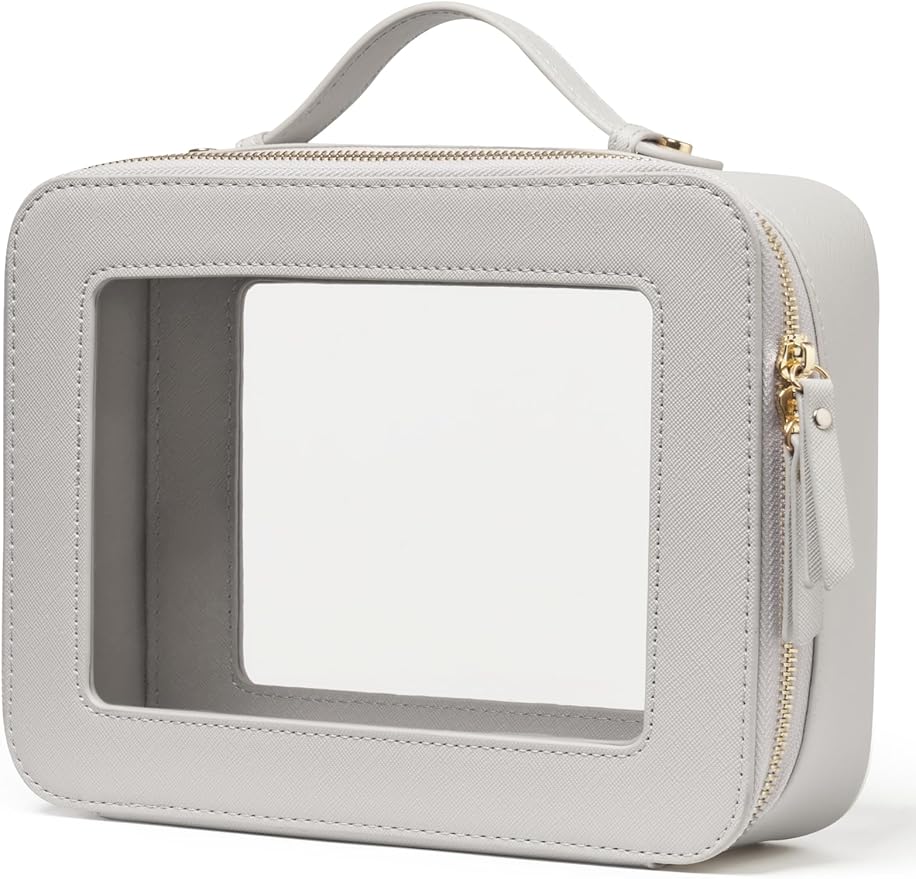Popvibe Clear Makeup Bag Toiletry Case Travel Transparent Cosmetic Bag with Zipper, Portable Make Up Organizer Traveling Compact Car Bag for Essentials, Beige Grey