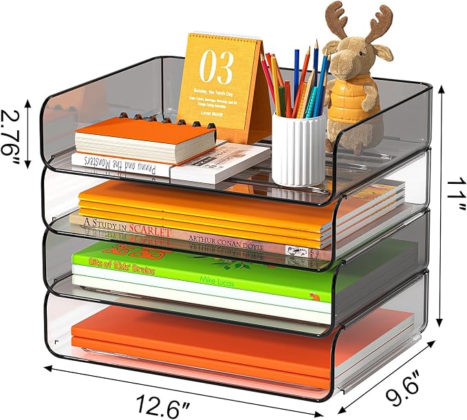 FANXIYQ 4-Tier Acrylic Paper Tray Organizer, Clear & Brown Stackable Desk File Organizer for Documents, Mail, Homework & Notebooks, Decorative Letter Tray for Home Office, Classroom & Study Desk