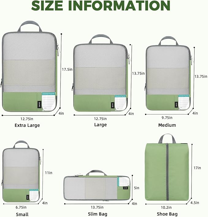 BAGAIL 6 Set Lightweight Compression Packing Cubes with Packing List, Anti-Tearing Expandable Organizer Bags for Travel, Matcha Green
