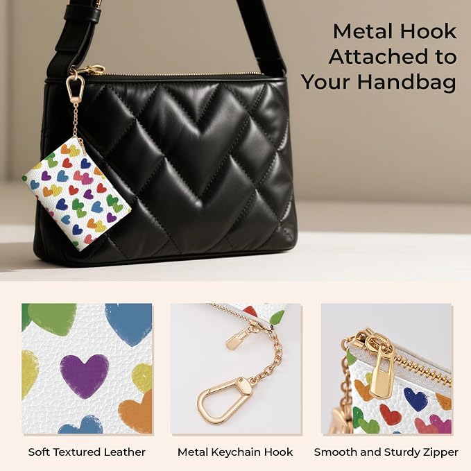Love Hearts Keychain Coin Purse for Women, Small PU Leather Change Pouch, Zipper Little Tiny Travel Wallet for Girls, Cute Kawaii Zip Pocket Coin Holder with Key Ring