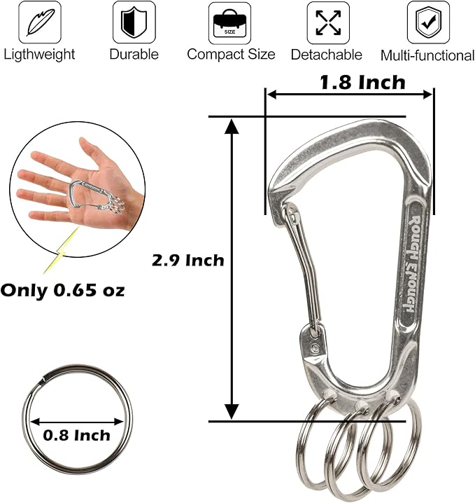 Rough Enough Carabiner Keychain Clip with Triple 3 Keyring Buckle Aluminum Alloy Metal for EDC Preppy Teens Men