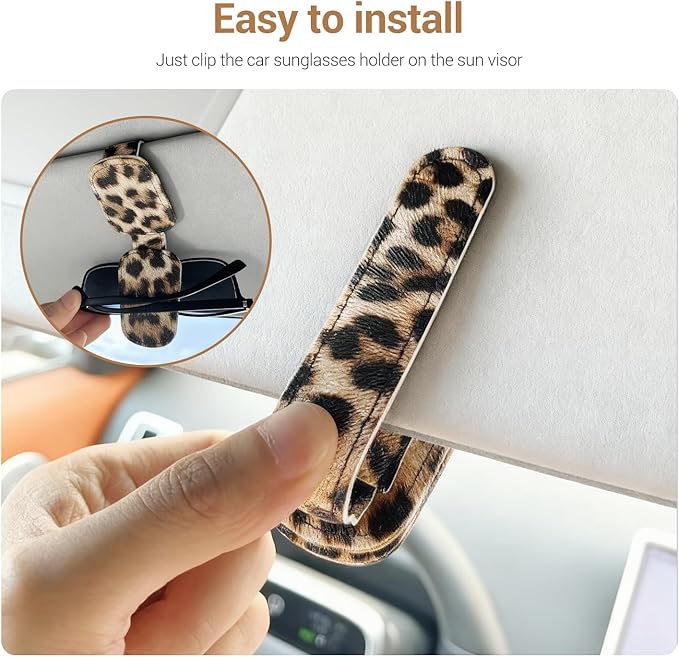 Leopard Sunglass Holder for Car, 2 Pack Universal Magnetic Car Sun Visor Eyeglass Holder, Leopard Print Leather Glasses Clip for Car, Ticket Card Clip, Cheetah Sunglass Holder for Car