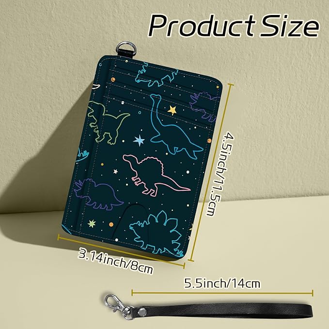 Small Travel Wallets, Fun Dinosaurs Slim Minimalist Front Pocket Wallet with Wristlet, RFID Blocking PU Leather Credit Card Holder with ID Window Change Purse for Men Women