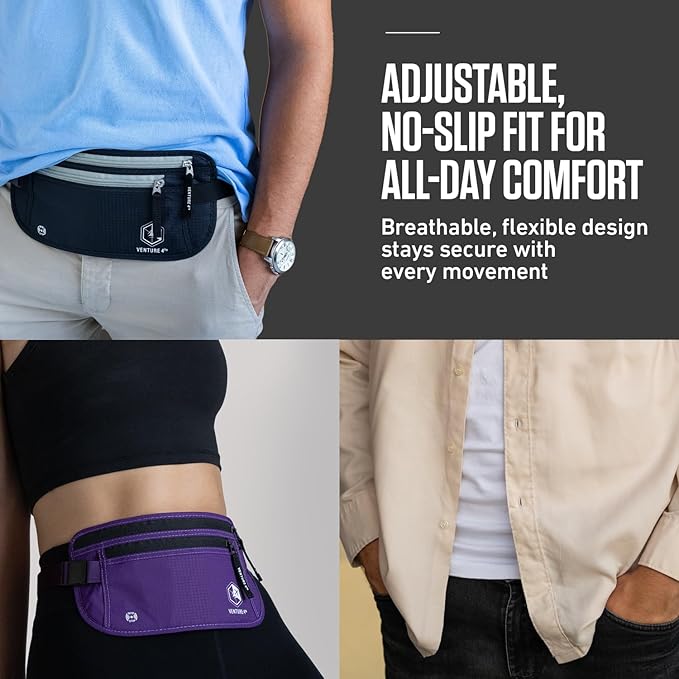 VENTURE 4TH Money Belt for Travel – Hidden Under-Clothes RFID Blocking Passport Holder & Slim Travel Wallet Pouch for Men & Women to Protect Cash, Cards & Documents (Silver)