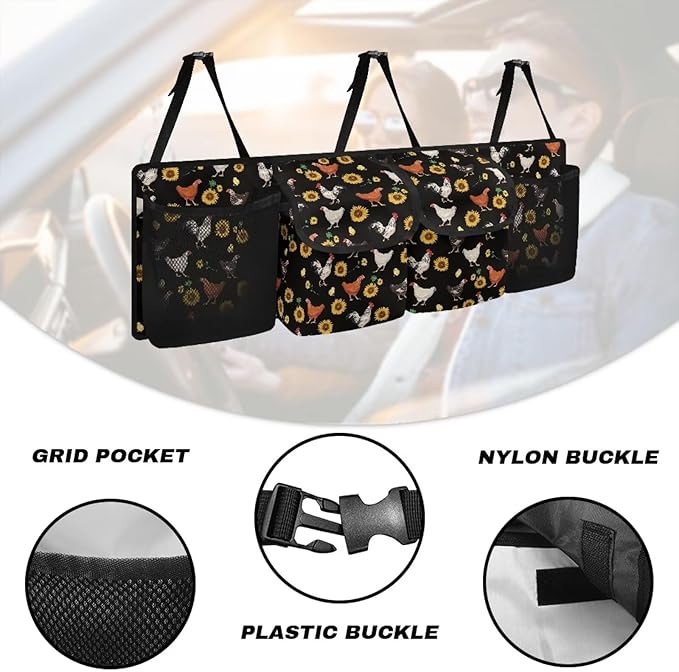 Sunflower Chicken Car Trunk Organizers for Women Back Seat Trunk Organizer Hanging Car Organizer Foldable Storage Bag with Adjustable Stra & 4 Pocket