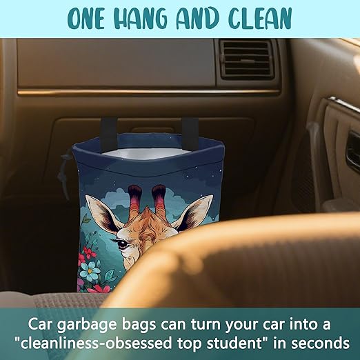 Car Garbage Bag Giraffe and Colorful Flowers Drawstring Car Trash Bag Hanging for Back Seat with Adjustable Buckle Canvas Vehicle Trash Can Easy-to-Install
