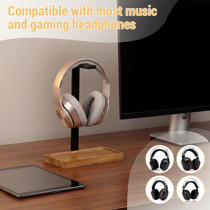 Wood Headphone Stand, Walnut Headset Stand for Desk, Universal Headphone Holder with Storage Base for Gaming, Music Headsets(Light Brown)
