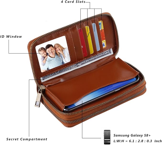 Cellphone Wallet for Women Dual Zipper Long Purse with Removable Wristlet