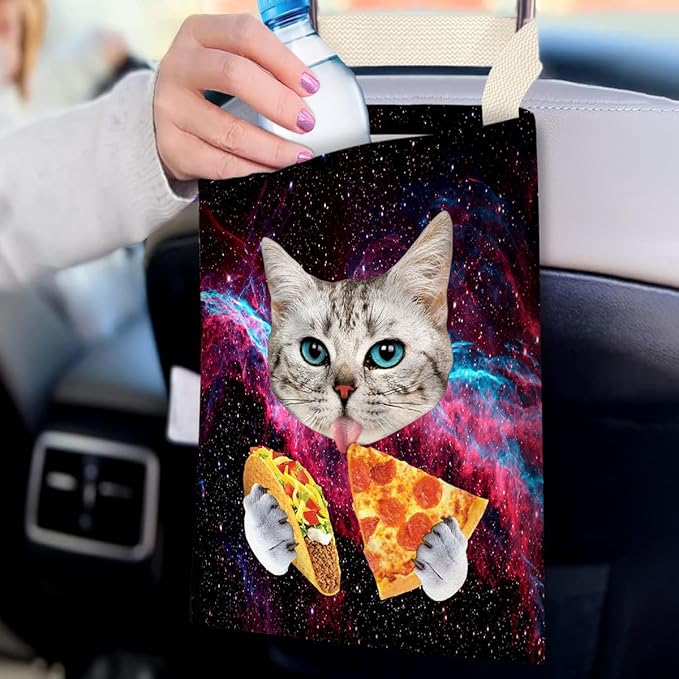 Car Trash Bag Hanging No Snap Small Garbage Bag for Car Back Seat Cute Printed One-handed Strap Trash Bags Car Accessories-Galaxy Pizza Cat Car Trash Bags