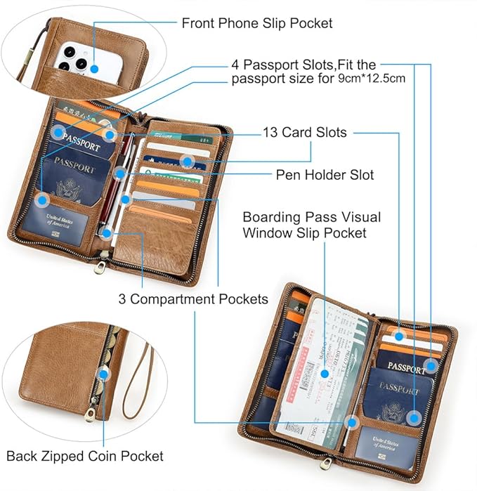 CONTACTS Full Grain Leather Travel Family Passport Holder for 4 Passport Wallet RFID Blocking Passports Organizer 3 Layer Design Fit 4 Passports, 13 Credit Cards (Camel Brown)