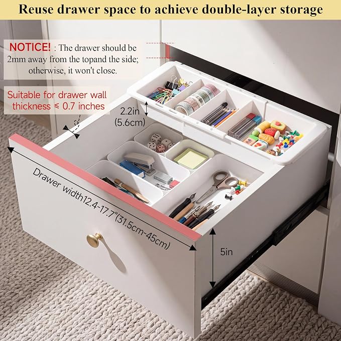 27 Pcs Deep Drawer Organizer Bulk, 2 Expandable Hanging Trays with Plastic Drawer Dividers Organizers, Desk Drawers Organizer Trays for Makeup Kitchen, Bathroom, Office, Bedroom, White