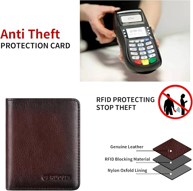 Bifold Slim Men Wallet Genuine Leather Thin, Small Vertical RFID Blocking Wallets for Men ，Compact & Stylish with Clear ID Windows (Coffee)