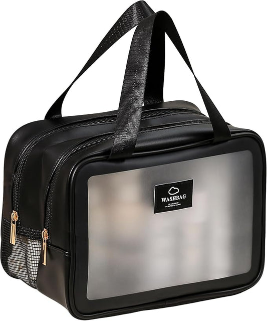 Heliar Large Travel Toiletry Bag with Dry Wet Separation–Waterproof Wash Bag for Man and Women, Clear & Matte shower bag for Gym, Overnight, Swimming, and Business Trips (Black)