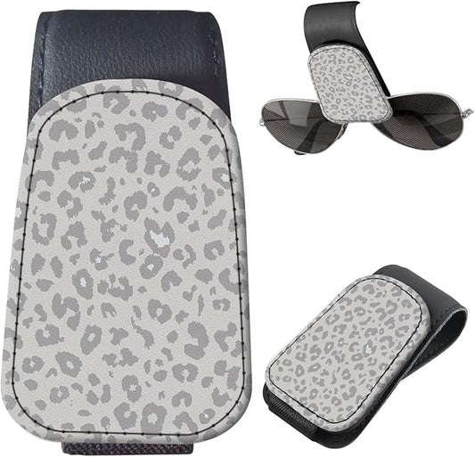 Sunglasses Holder for Car Visor, PU Leather Glasses Clip Organizer, Cute Magnetic Eyeglass Holder for Vehicle Sun Visor, Car Interior Accessory for Women & Men Snow Leopard Gray