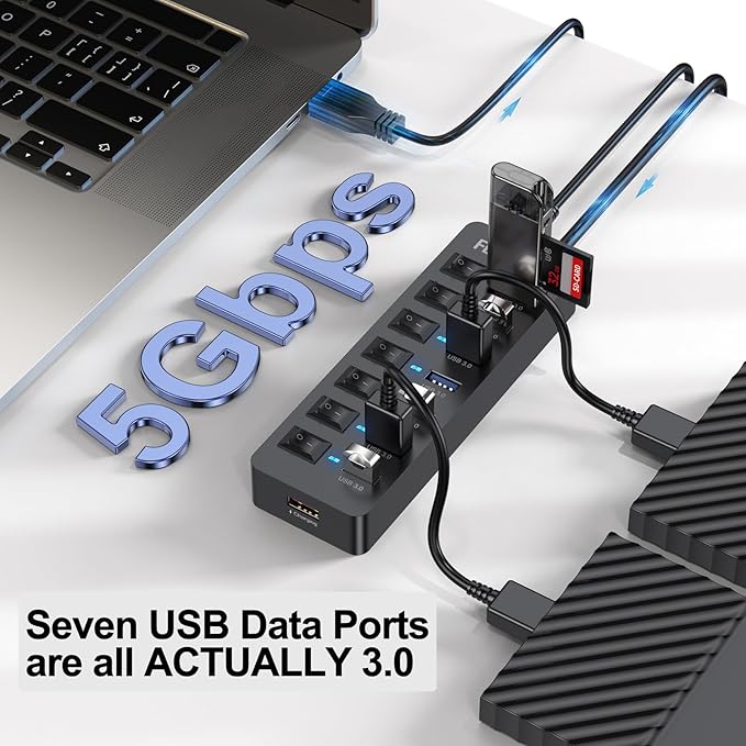 Powered USB Hub 3.0, 5Gbps Data Transfer 7 Ports and 12W Charging-only 1 Port with 5V/3A Power Adapter 4Ft Long Cable & Individual Switches for Laptop PC Flash Drive External SSD HDD Keyboard Mouse