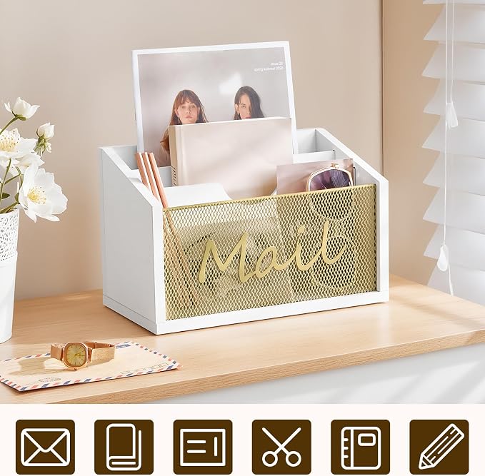 YATINEY Mail Organizer Countertop, Mail Holder with 3 Slots, Mail Sorter for Desk, Wooden Office Desk Organizer, Mail Organizer for Magazines, Files, Papers, Folders, White and Gold MR03DW