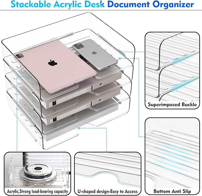 Paper Organizer Letter Tray, 4 Pack Acrylic Stackable Desk File Organizer,Versatile Clear Office Organizer for File Paper, Ipad, Letter, A4 Office File, Books, Notes, Etc