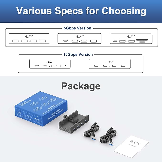 EJAY 4Ports USB3.0 Splitter Alu Clamp Desktop USB HUB for Desk/Monitors Clipping with Extra Power Supply Port and 2 Long Cables(59inches Data & 39inches Power Cables)