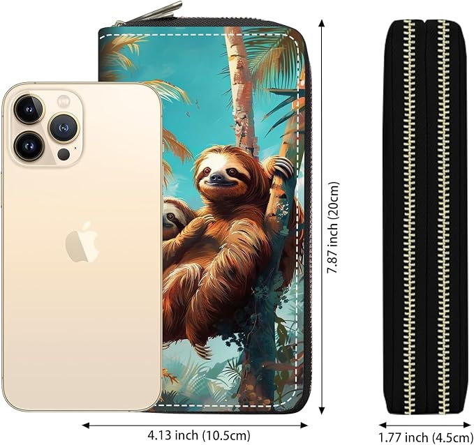 Women's Large Capacity Wallet PU Leather Double Zipper Clutch Purse Multifunctional Wallet with Removable Wristlet Strap for Smart Phone/Coin/Card/Cash, Sloth