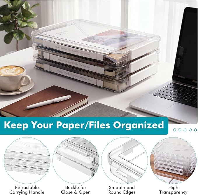 Novabright 3 Pack Clear Plastic File Boxes with Handle Portable Project Case Storage Bin with Lid Transparent Stackable Container Document Magazine Protector for A4 Paper Photo Scrapbook (White)