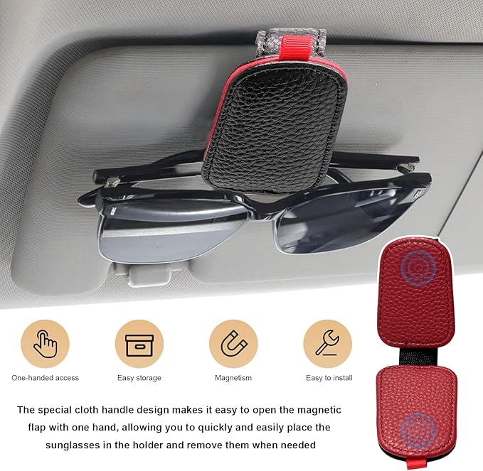 2 PCS Sunglasses Holders for Car Visor, Magnetic Leather Eyeglasses Hanger Mounter Ticket Card Clip, Auto Sun Visor Glasses Holder Business Card Organizer for Men Women (Black & Red)