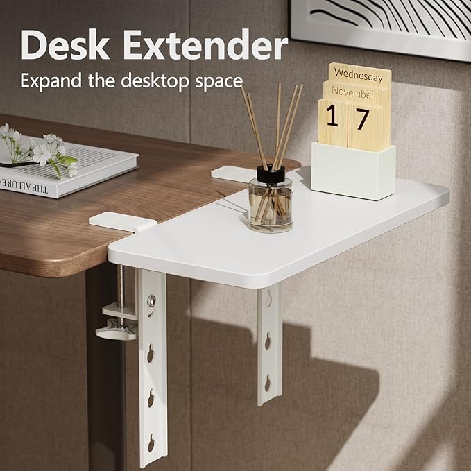 3 in 1 Clamp-on 15.7"×7.5" Desk Extender, Heavy-Duty Side/Top Desk Organizer Shelf, Adjustable Desktop Storage for Office Accessories, Monitor and Laptop Riser, White