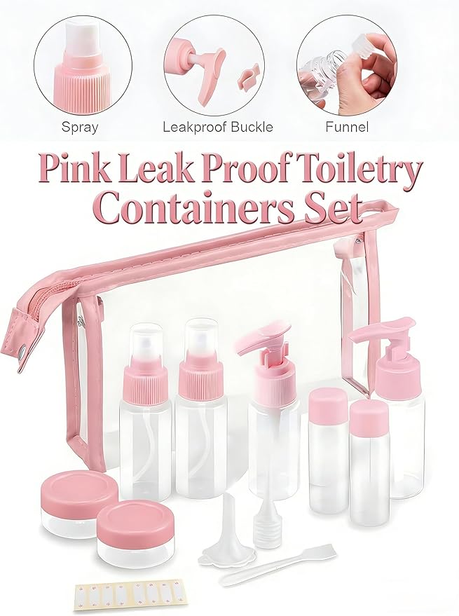 11-Pack Pink Travel Bottles Kit, TSA Approved Leak Proof Portable Toiletry Containers Set, Clear PET Flight Size Cosmetic Containers for Lotion, Shampoo, Cream, Soap