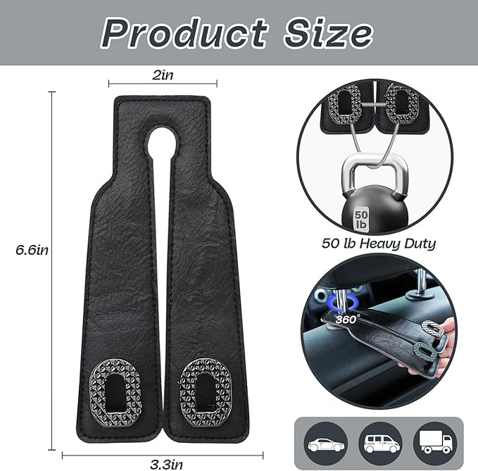 Car Headrest Hooks Universal Car Purse Hook Premium Leather and Alloy Twin Hook Car Seat Back Storage Hanger Hook for Purse Bags Cloth Drink Durable Holder Car Accessories (BH09-Black-Black)