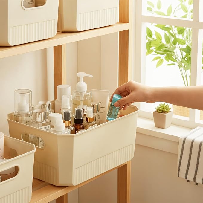 ANMINY 5PCS Plastic Storage Bins Containers with Lids, Large Storage Organization Bins Boxes, Lidded Plastic Storage Baskets for Closet Shelves Desktop, Ivory Lids, 2M + 3S