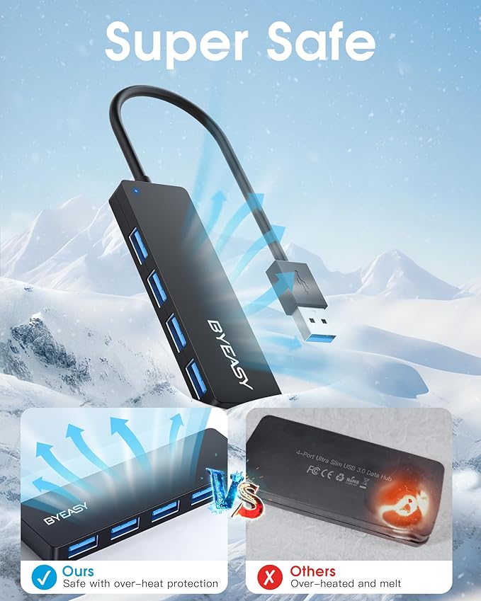 BYEASY USB Hub, Multiple USB 3.0 Hub, USBA Splitter for Laptop with Type C Power Port, Extender for Mouse, Keyboard, Flash Drive, U Disk, Printer Compatible with A Port Laptop, PC, Desktop and More