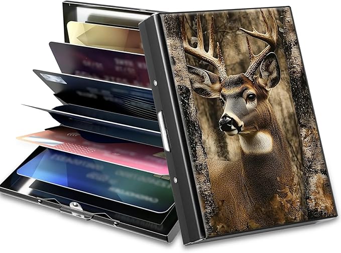 Slim Credit Card Holder, Camo Deer Tree RFID Blocking Metal Wallet for Men & Women, Aluminum Minimalist Hard Case Pocket-Sized Business Cards Organizer (Fits Up to 10 Cards)