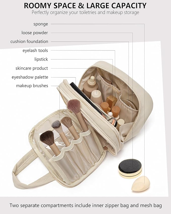 Small Makeup Bag, Travel Cosmetic bag, Toiletry Bag For Women, Make up Bag With Brush Storage, Hanging Toiletry Bag, Puffy Padded Makeup Organizer Case, Wide-open Travel Essentials (Beige)